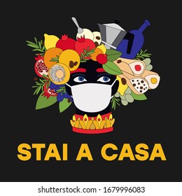 Stai A Casa. Quarantine, Sicily, Italy. Coronavirus. Sicilian vase with moor head in medicine mask, arancini, cannolo, coffee, lemons and cacti. Sicily style. Vector illustration. Stay Home