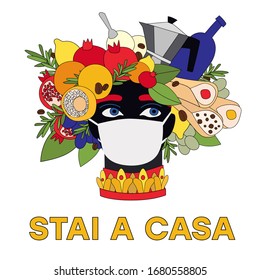 Stai A Casa. Quarantine, Sicily, Italy. Coronavirus. Sicilian vase with moor head in medicine mask, arancini, cannolo, coffee, lemons. Sicily style. Vector illustration. Stay Home. Fast Food Delivery