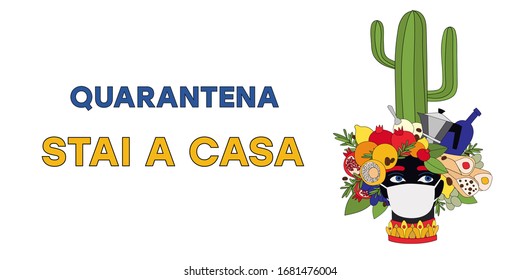 Stai A Casa. Quarantine, Sicily, Italy. Coronavirus. Sicilian moor head in medicine mask, sicilian food. Comic, cartoon vector illustration for social media. Stay Home. Fast Food Delivery