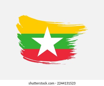 Bandera de trazo pintado de pincel de mancha en Myanmar en un fondo aislado