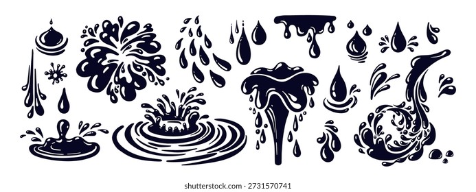 Stain ink drop of petrol liquid shape. Set of spill of black oil puddle industry. Vector hand drawn dynamic motion illustration, design elements for advertising isolated on transparent background