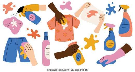 Stain Removal Laundry Set Flat Illustration. Cleaning Clothes Process. Detergent and Washing Tools Collection.Laundry routine and household cleaning concept.