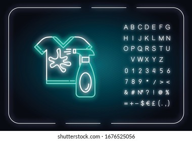 Stain removal neon light icon. Laundry, launderette, dry cleaning service. Spray detergent. Outer glowing effect. Sign with alphabet, numbers and symbols. Vector isolated RGB color illustration