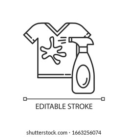 Stain removal pixel perfect linear icon. Laundry, launderette, dry cleaning. Spray detergent. Thin line customizable illustration. Contour symbol. Vector isolated outline drawing. Editable stroke