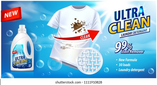 Stain remover, laundry detergent, ad vector template. Ads poster design on blue background with white t-shirt and stains for your design