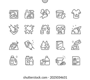 Stain removers. Cleaning service. Wash stain. Natural stain remover. Dirty shirt. Pixel Perfect Vector Thin Line Icons. Simple Minimal Pictogram