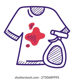 Mancha que quita el Vector del icono del doodle de la herramienta aislado. Ilustración dibujada a mano de camiseta con manchas rojas y removedor de manchas. Concepto de servicio de lavandería.