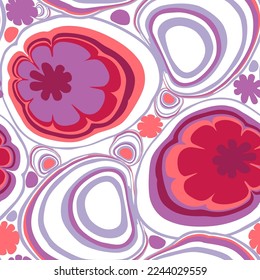 Stain swirl with flowers. Modern seamless pattern. Traditional Turkish Ebru technique. Pink, purple, red, orange, magenta color elements. Painting on water transferred hand drawn vector illustration