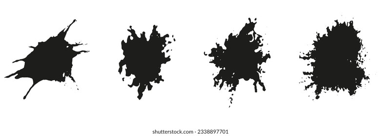 Stain Texture, Paint Brush Spatter Collection. Ink Splatter Set. Splash Abstract Design Element, Grunge Splat. Dirty Black Blot, Messy Inkblot, Liquid Blob. Isolated Vector Illustration.