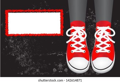 stained black background and legs in red sneakers