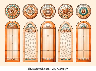 Stained church glass windows pack. Catholic Christian frames. Warm color mesh gradient.