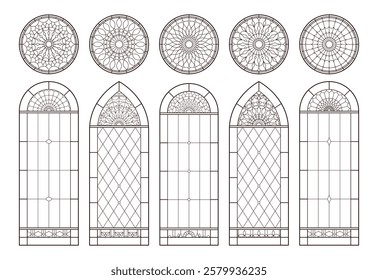 Stained church glass windows pack. Catholic Christian frames. Line drawing in black and white color.