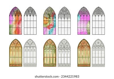 Stained Church glass worksheet. Set of six different windows.