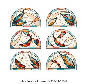 Stained Church windows. Set of six different half-round glasses drawing in one style.