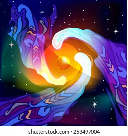 stained comet flying across the planet to spiral vector