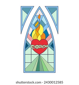 Stained glass arch gothic window, mosaic pattern with burning red heart and thorns vector illustration