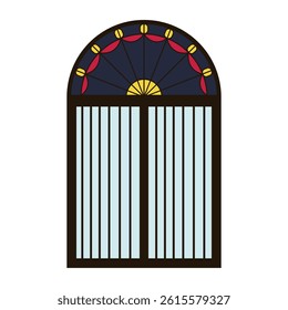 Stained glass arch window frame vintage. Vector silhouette of fence element