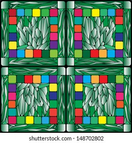 Stained glass background with plants and multicolored squares, pattern composition