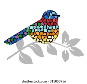 Stained glass bird perched on branch 