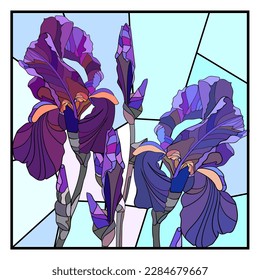 Stained glass bouquet of purple iris flowers with buds in the style of an application or mosaic, decor element, design, postcard, poster, wallpaper, postcard, textile, fabric, wrapper, packaging