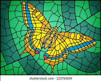 Stained glass butterfly abstract background in yellow and green tones