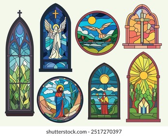 Vitral. Quadros de mosaico de igreja, colorido pontiagudo, janelas redondas e arqueadas, elementos de arquitetura vintage, motivos de mosaico bíblico, arquitetura gótica católica, conjunto isolado vetorial