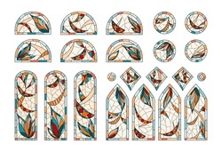 Stained Glass In A Church. Set Of Different Windows Shapes Drawing In One Style.