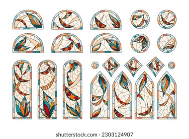 Stained glass in a Church. Set of different windows shapes drawing in one style.
