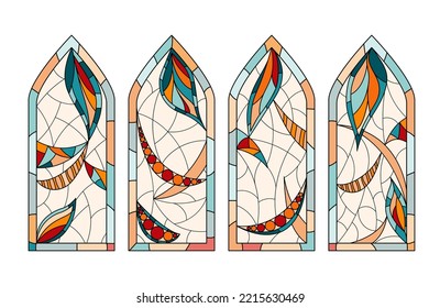 Stained glass Church windows. Set of 4 different pictures drawing in one style.