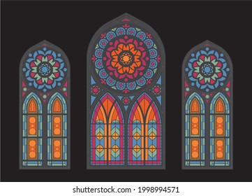 Stained Glass Colorful Mosaic Cathedral Windows On Dark Background Gothic Church Beautiful Interior View Clouseup Vector Illustration