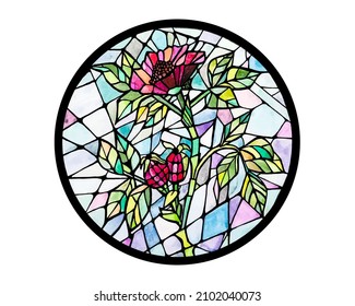 Stained glass, colorful window in the form of a wild rose