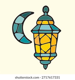 Stained Glass Crescent Moon and Lantern Illustration – Perfect for Ramadan Social Media Posts and Islamic Holiday Gift Tags