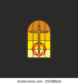 Stained glass cross and crown of thorns