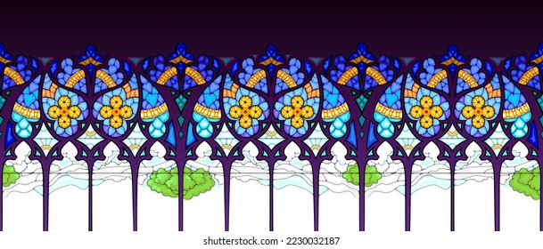 Stained glass decoration. Seamless pattern ornament. Style of Gothic windows. Print for fabric, wallpaper, background, banner, design. Vector illustration.