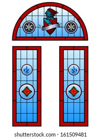 Stained glass decorative arched door set vector