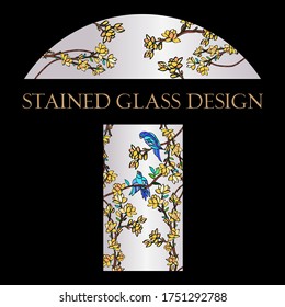 STAINED GLASS DESIGN. Illustration in stained glass style with flowers, leaves, 
BIRDS, BRANCHES, 
MAGNOLIA.  - VECTOR