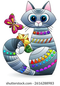 Stained glass element with bright cat, isolated images on white background