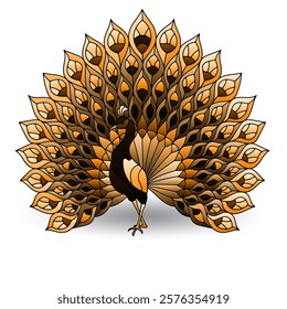 Stained glass element with peacock bird, animal isolated on white background, tone brown