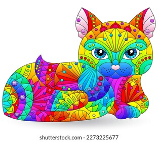 Stained glass element with rainbow cat , isolated images on white background