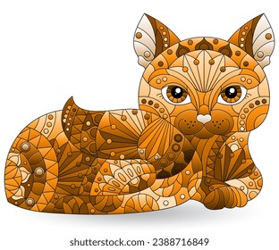 Stained glass element with rainbow cat , isolated images on white background, tone brown
