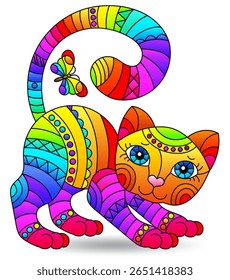 Elemento de vidro manchado com gato arco-íris , imagens isoladas sobre fundo branco