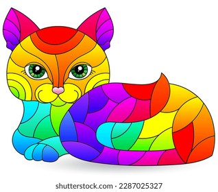 Stained glass elements with bright cats , isolated images on white background