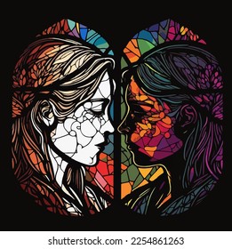 Stained glass faces in profile, rainbow colors