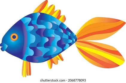Stained glass fish. Blue, orange colors. Fish isolated on white background. Children's book concept. Vector illustration.