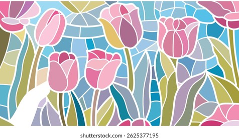 Stained glass floral design,  white border pattern, suitable for background, wallpaper and print materials.