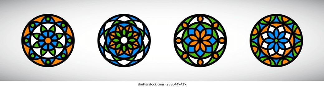 Stained glass floral motive simple illustrations collection. Circle shape, stylize flat rose window vector ornament. Round frames set, radial design elements. Mosaic decorations, black background.