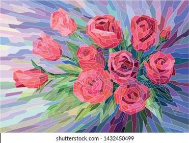 Stained glass flowers beautiful red roses on lilac background. Full-color vector graphics