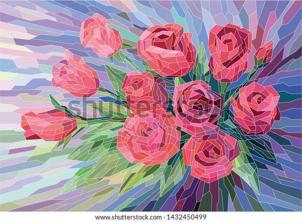 Stained glass flowers beautiful red roses\
on lilac background. Full-color vector\
graphics