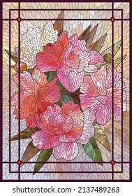 Stained glass flowers. Red peonies on a beige background. Vertical painting in a decorative lattice