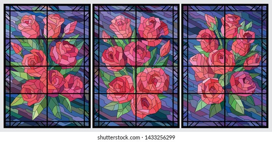 Stained Glass Flowers Triptych. Red roses on a purple background in frames. Vector full color graphics